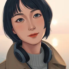 Nagi, an illustrated avatar: a calm woman with a dark slate-blue bob and grey headphones