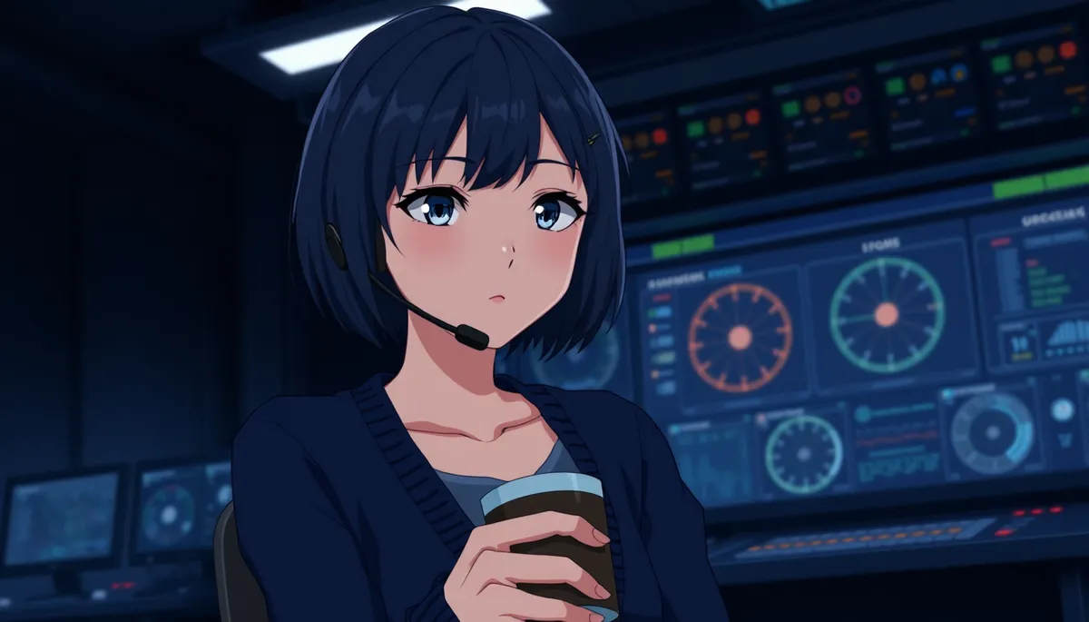 Illustration of Nagi in a dark operations room, wearing a headset and holding a coffee mug in front of glowing dashboards